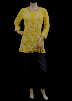 ISHIEQAs Yellow Georgette Chikankari Top-MV1502F