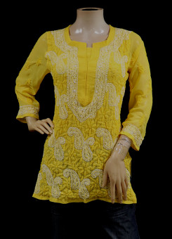 ISHIEQAs Yellow Georgette Chikankari Top-MV1502F