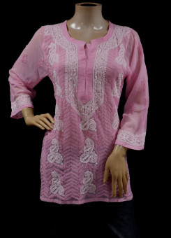 ISHIEQAs Pink Georgette Chikankari Top-MV1502F