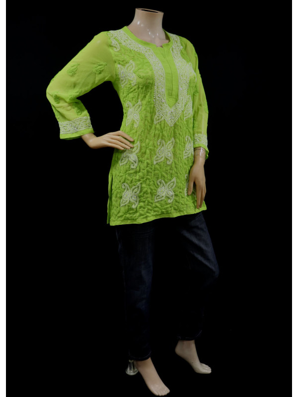 ISHIEQAs Green Georgette Chikankari Top-MV1502F