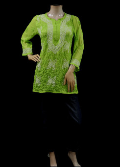 ISHIEQAs Green Georgette Chikankari Top-MV1502F
