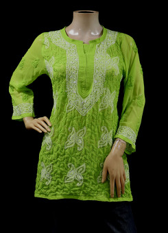 ISHIEQAs Green Georgette Chikankari Top-MV1502F