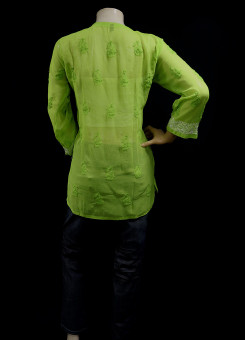 ISHIEQAs Green Georgette Chikankari Top-MV1502F