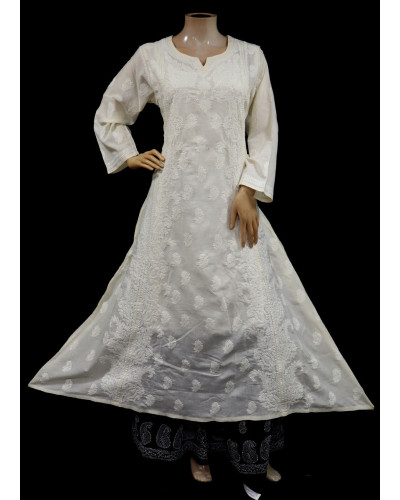 ISHIEQA's Designer Beige A-Line Cotton Chikankari Kurti - RR0503D