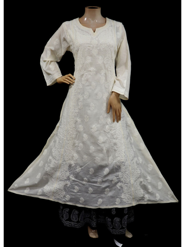 ISHIEQA's Designer Beige A-Line Cotton Chikankari Kurti - RR0503D