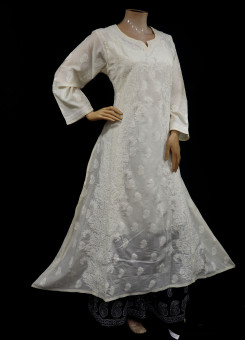 ISHIEQA's Designer Beige A-Line Cotton Chikankari Kurti - RR0503D