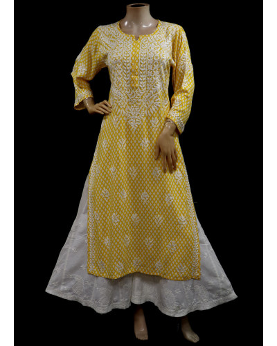 ISHIEQAs Yellow Resham Work Rayon Chikankari Kurti- MV1602F