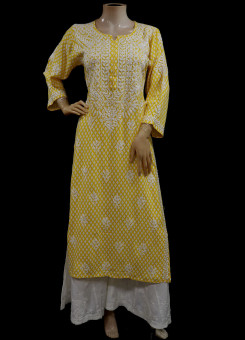 ISHIEQAs Yellow Resham Work Rayon Chikankari Kurti- MV1602F