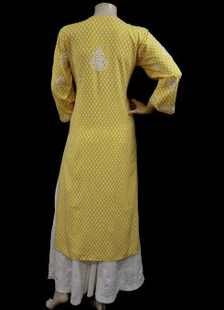 ISHIEQAs Yellow Resham Work Rayon Chikankari Kurti- MV1602F