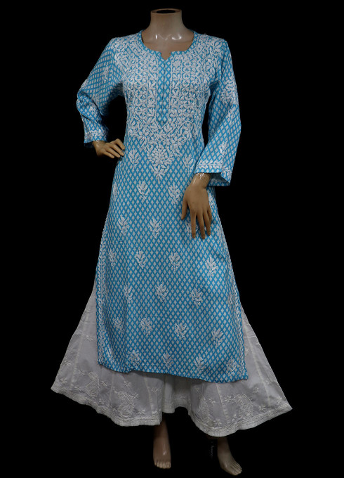 ISHIEQAs Blue Resham Work Rayon Chikankari Kurti- MV1602F