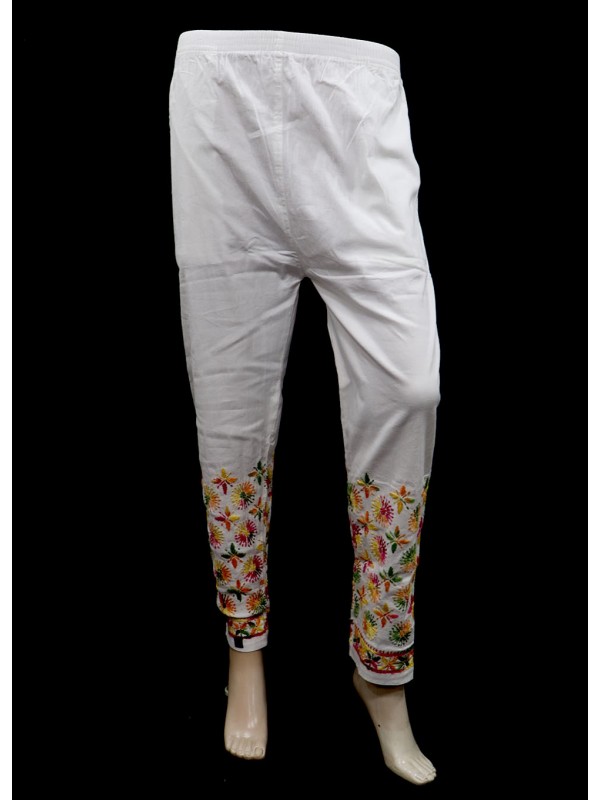 ISHIEQAs White-Multicolour Streachable Cotton Chikankari Pant-AN0107F