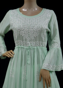 ISHIEQAs Pista Green Resham Work Modal Fabric Chikankari Kurti-AN0101F
