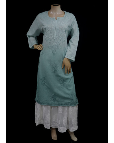 ISHIEQAs Sea Green Resham Work Dobby Cotton Chikankari Kurti – AN0103F