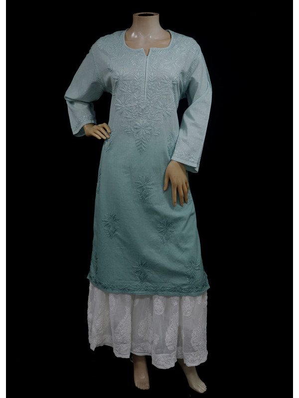 ISHIEQAs Sea Green Resham Work Dobby Cotton Chikankari Kurti – AN0103F