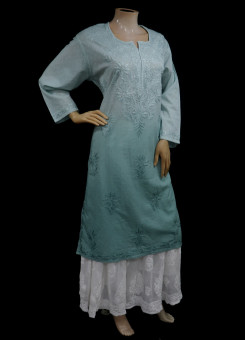 ISHIEQAs Sea Green Resham Work Dobby Cotton Chikankari Kurti – AN0103F