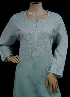 ISHIEQAs Sea Green Resham Work Dobby Cotton Chikankari Kurti – AN0103F