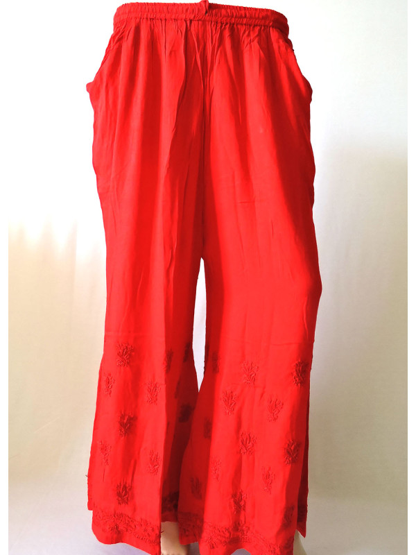 ISHIEQA's Red Rayon Chikankari Plazzo - DC1301B