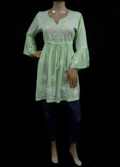 ISHIEQAs Pista Green Resham Work Modal Chikankari Short top-AN0202F