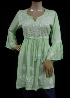 ISHIEQAs Pista Green Resham Work Modal Chikankari Short top-AN0202F