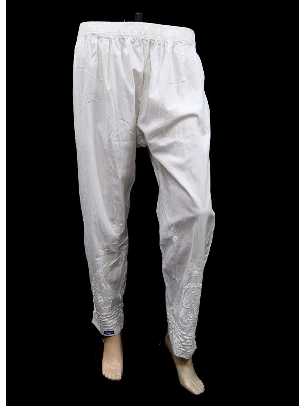 ISHIEQA's White Streachable Cotton Chikankari Pant - AN0103G