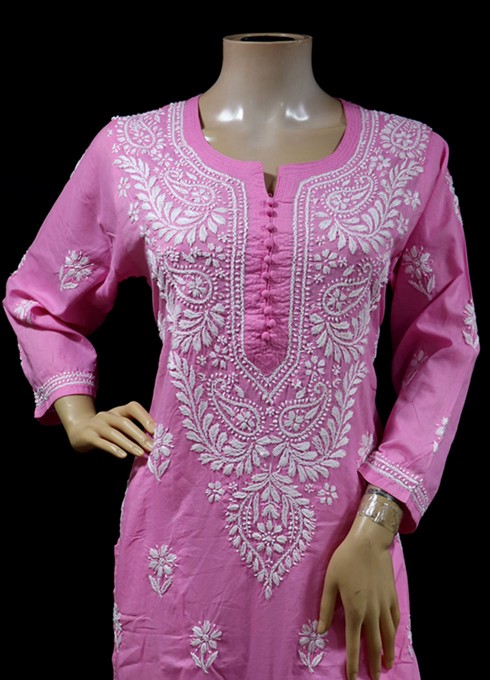 ISHIEQA's Pink Cotton Chikankari Kurti - AN0105G