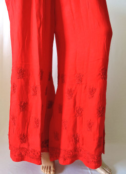 ISHIEQA's Red Rayon Chikankari Plazzo - DC1301B