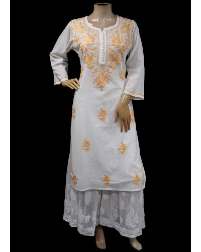 ISHIEQAs White-Orange Resham Work Dobby Cotton Chikankari Kurti – AN0106G
