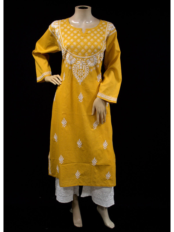 ISHIEQA's Mustard Cotton Chikankari Kurti -AN0104G
