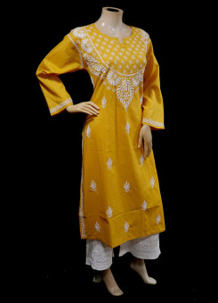 ISHIEQA's Mustard Cotton Chikankari Kurti -AN0104G
