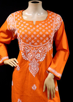 ISHIEQA's Orange Cotton Chikankari Kurti -AN0104G