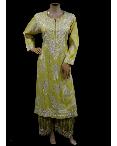ISHIEQAs Yellow Rayon Print Chikankari Kurti and Bottom Set- AN0107G