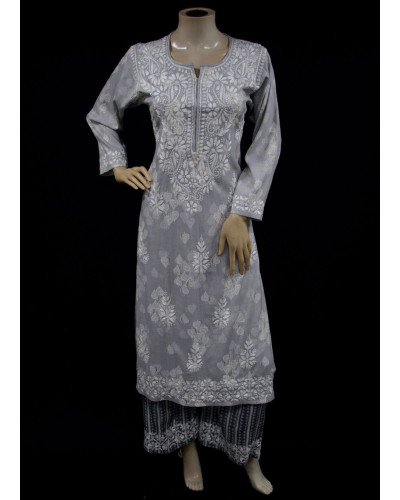 ISHIEQAs Grey Rayon Print Chikankari Kurti and Bottom Set- AN0107G