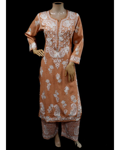 ISHIEQAs Orange Rayon Print Chikankari Kurti and Bottom Set- AN0108G