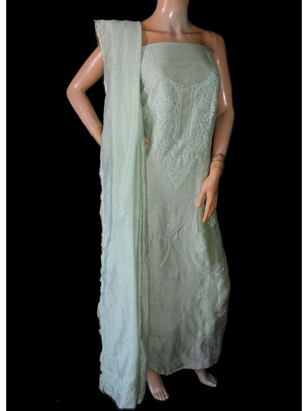 ISHIEQA's Chanderi Green Chikankari-Mukaish Dress Material- RC0107D