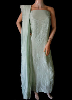 ISHIEQA's Chanderi Green Chikankari-Mukaish Dress Material- RC0107D