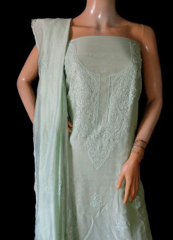 ISHIEQA's Chanderi Green Chikankari-Mukaish Dress Material- RC0107D
