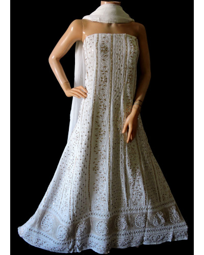 ISHIEQA's Pure Georgette White-B Gotta-Mirror Anarkali -MV0609D