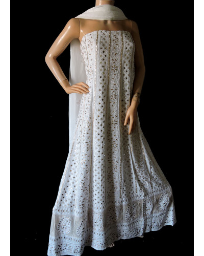 ISHIEQA's Pure Georgette White-A Gotta-Mirror Anarkali -MV0609D