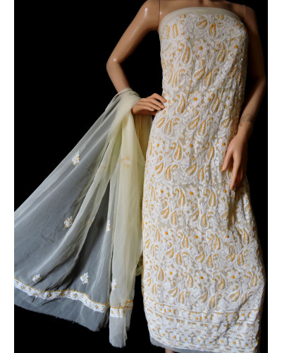 ISHIEQA's Beige Georgette Chikankari Dress Material-KL0107C