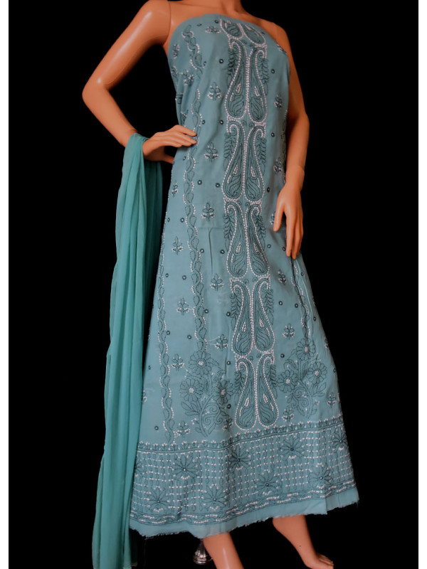 ISHIEQA's Sea Green Cotton Chikankari Dress Material-KL0121B