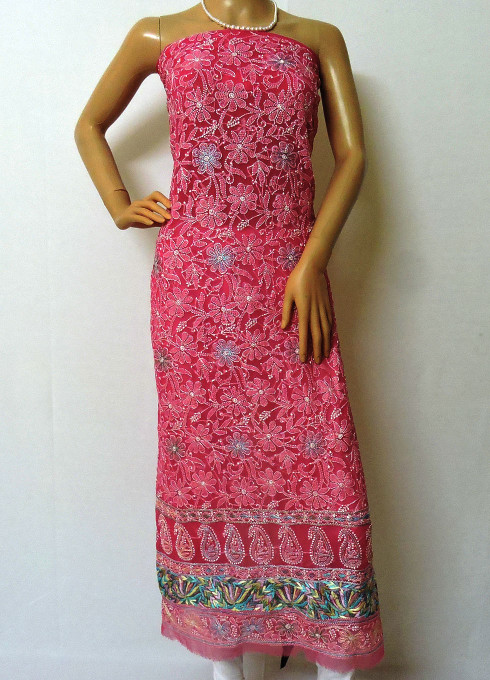 ISHIEQA's Pink Georgette Parsi work Kurti Fabric - RC0101B