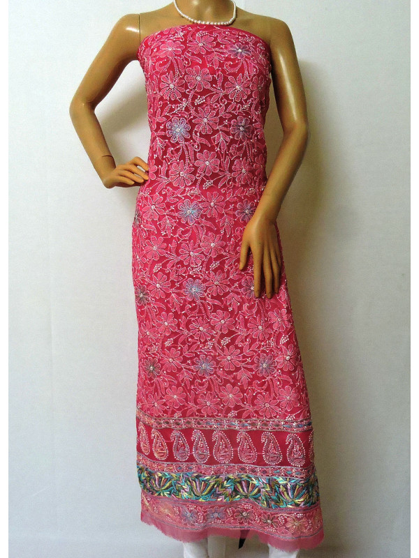 ISHIEQA's Pink Georgette Parsi work Kurti Fabric - RC0101B