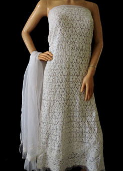 ISHIEQA's White Georgette Chikankari Dress Material-KL0130B