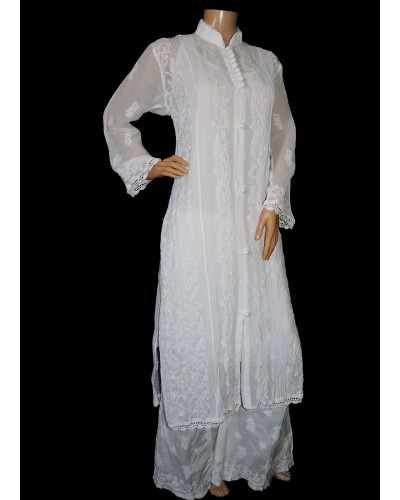 ISHIEQA's Hand Embroidered White Georgette Chikankari Kurti  - DC0301C