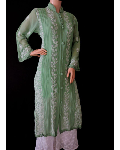 ISHIEQA's Green Georgette Chikankari Kurti  - DC0301C