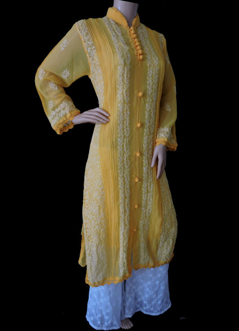 ISHIEQA's Yellow Georgette Chikankari Kurti  - DC0301C