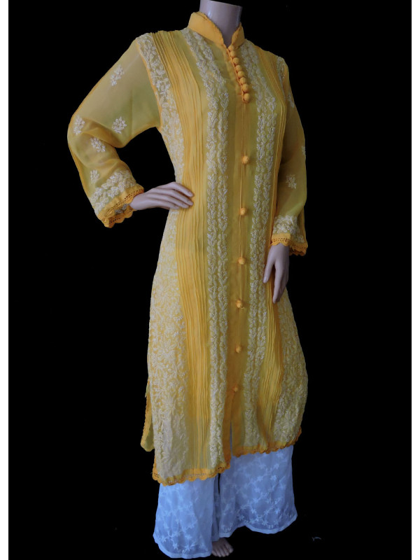 ISHIEQA's Yellow Georgette Chikankari Kurti  - DC0301C