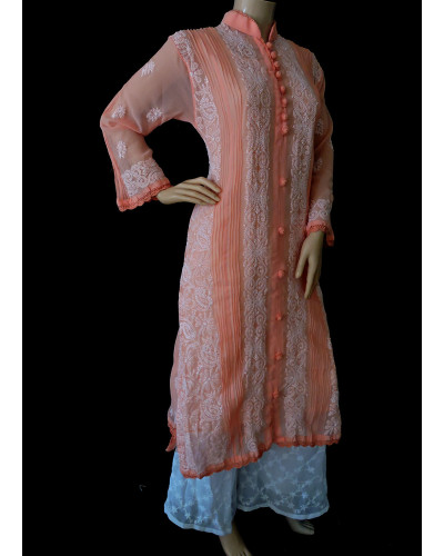 ISHIEQA's Peach Georgette Chikankari Kurti  - DC0301C