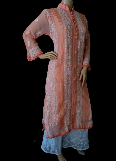 ISHIEQA's Peach Georgette Chikankari Kurti  - DC0301C