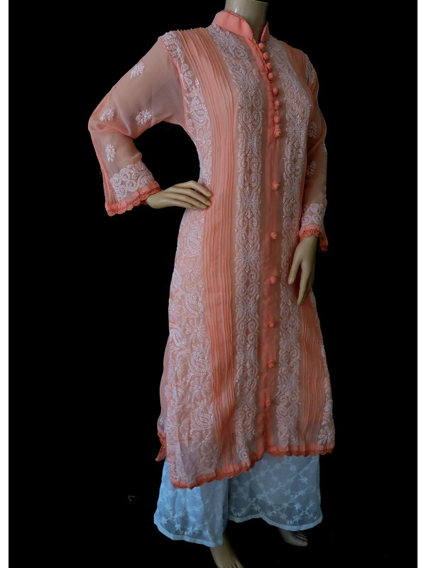 ISHIEQA's Peach Georgette Chikankari Kurti  - DC0301C
